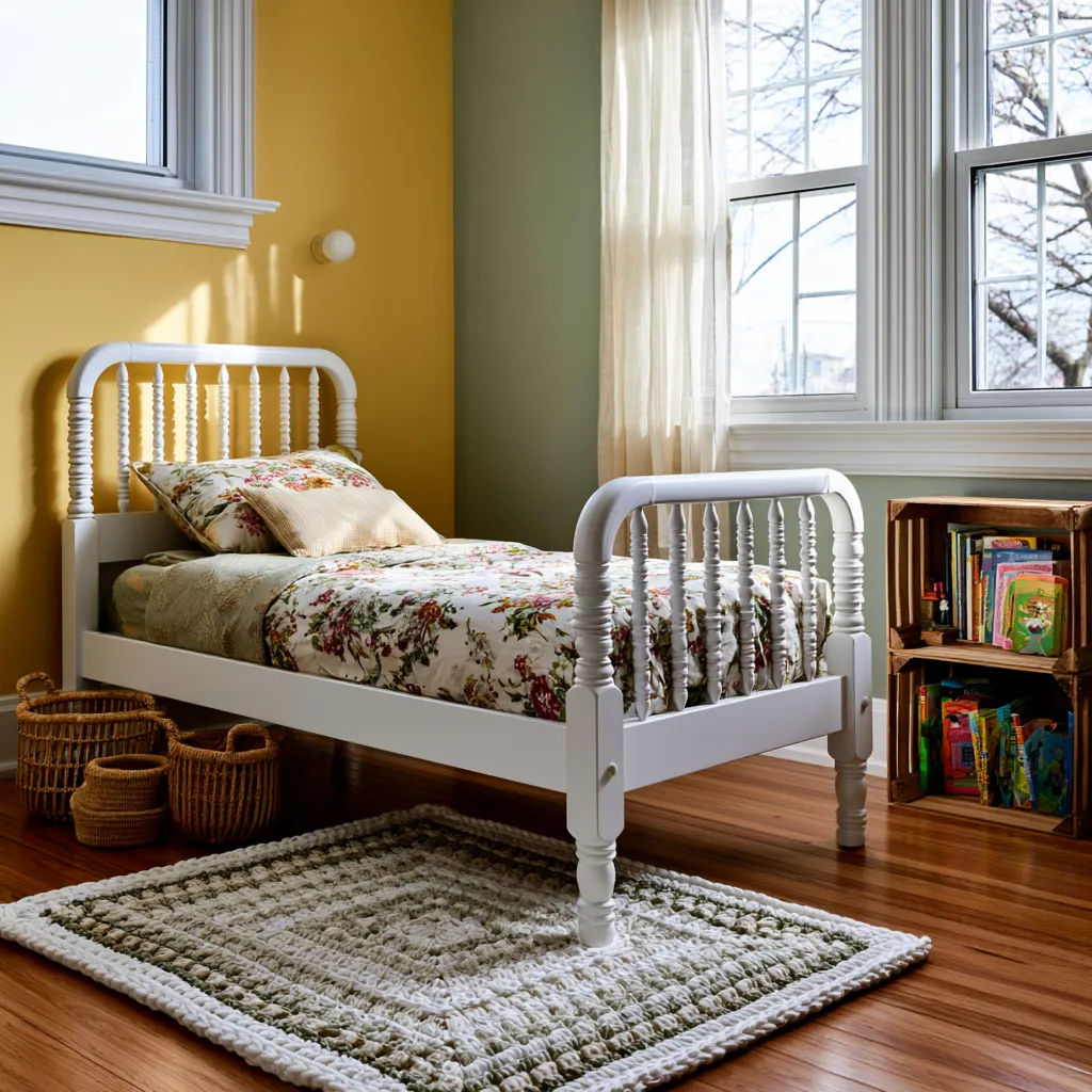 nostalgic kids bedroom with rattan baskets and floral bedding
