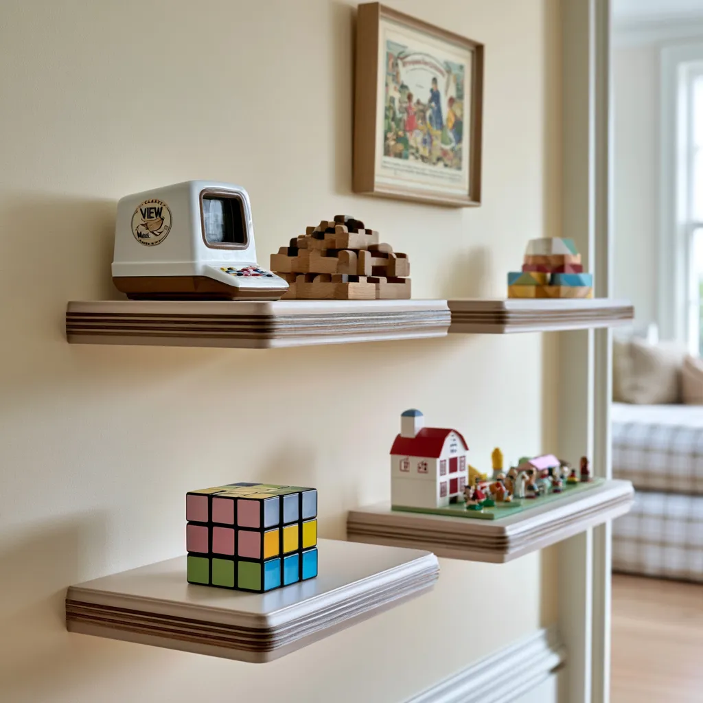 retro toy display shelf in vintage kids bedroom