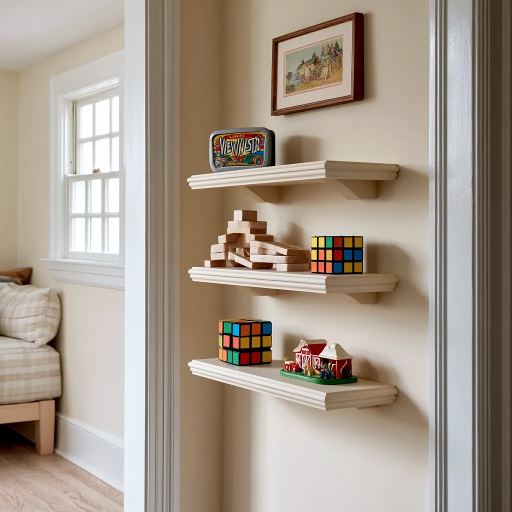 Rubik's Cube and wooden toys styled on shelf
