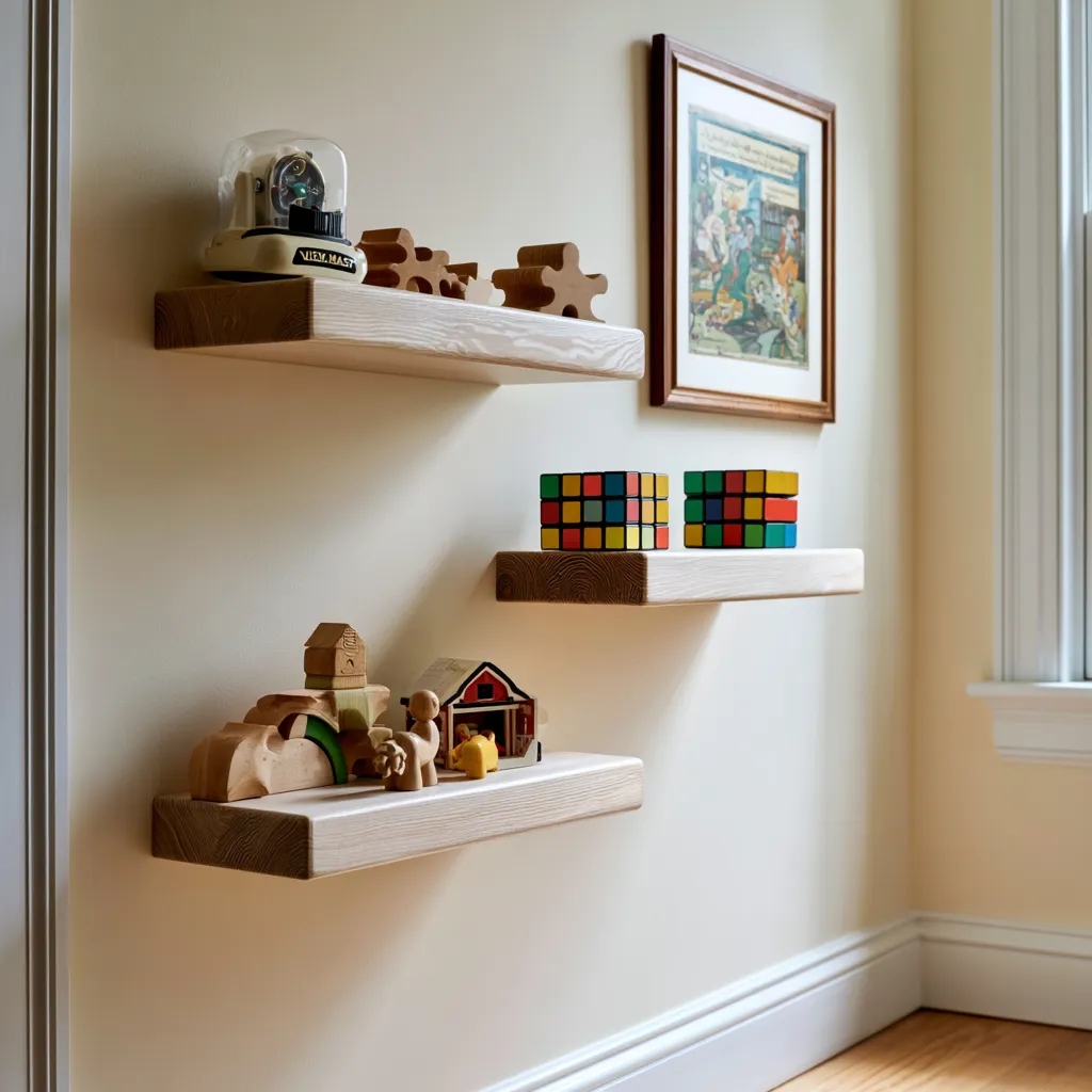 vintage toy collection in warm kids bedroom interior