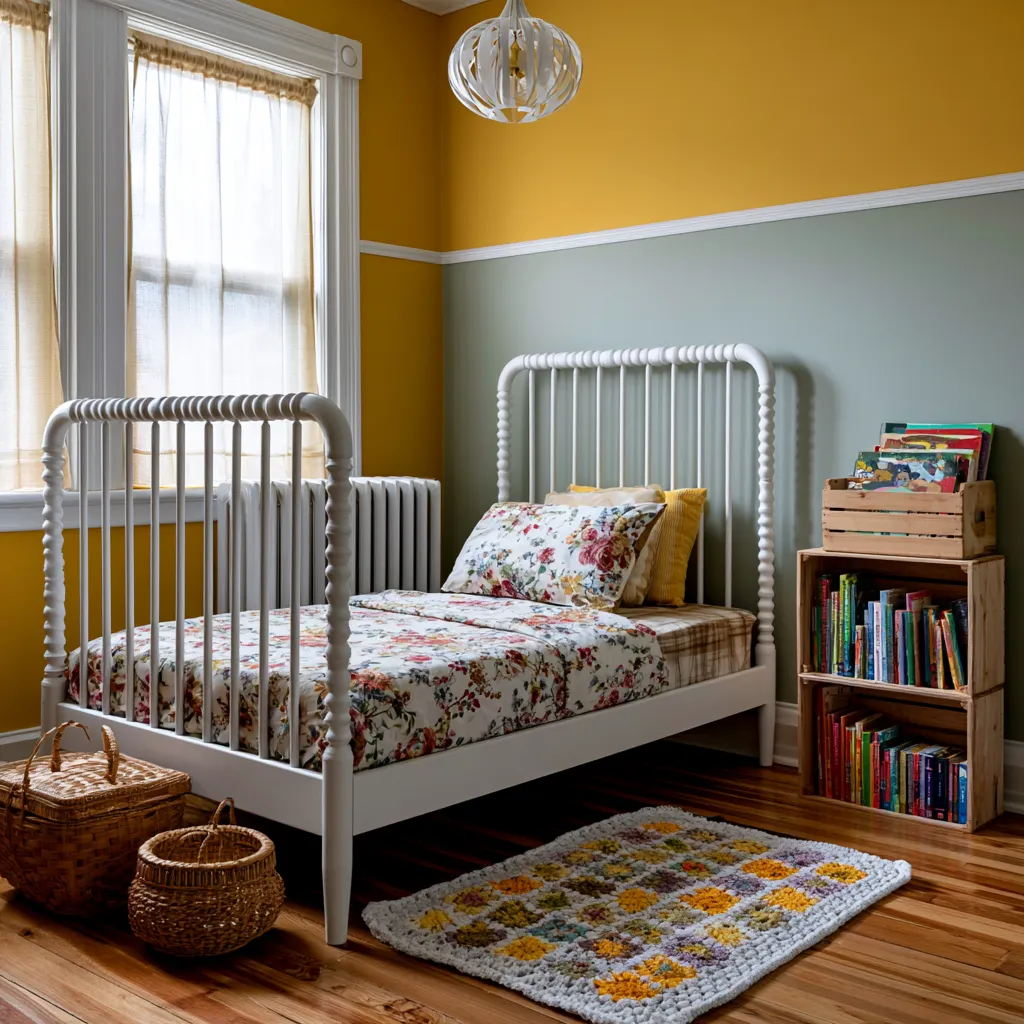 retro kids room with natural wood and vintage textiles