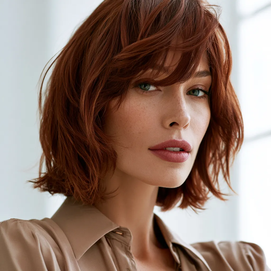 Shaggy bob haircut with deep side part auburn hair