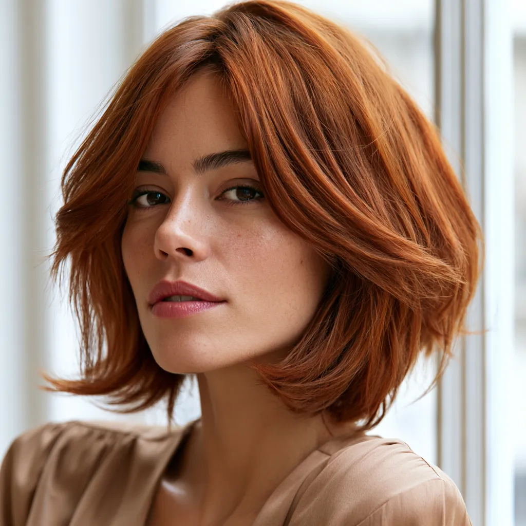 Lived-in shaggy bob cut below jaw warm tones