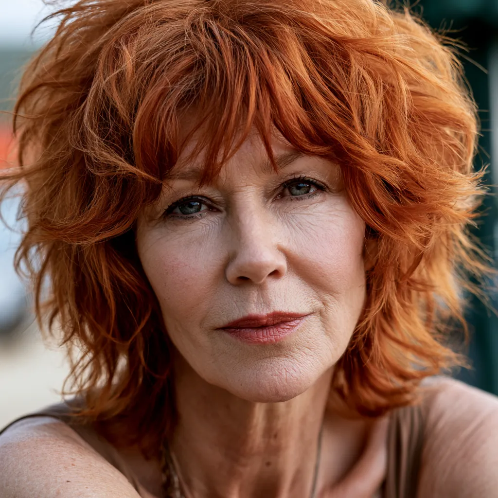 Choppy shag layers on woman over 60 outdoors