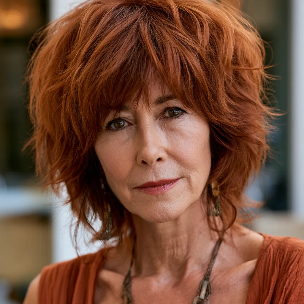 Copper textured shag haircut aging fine hair