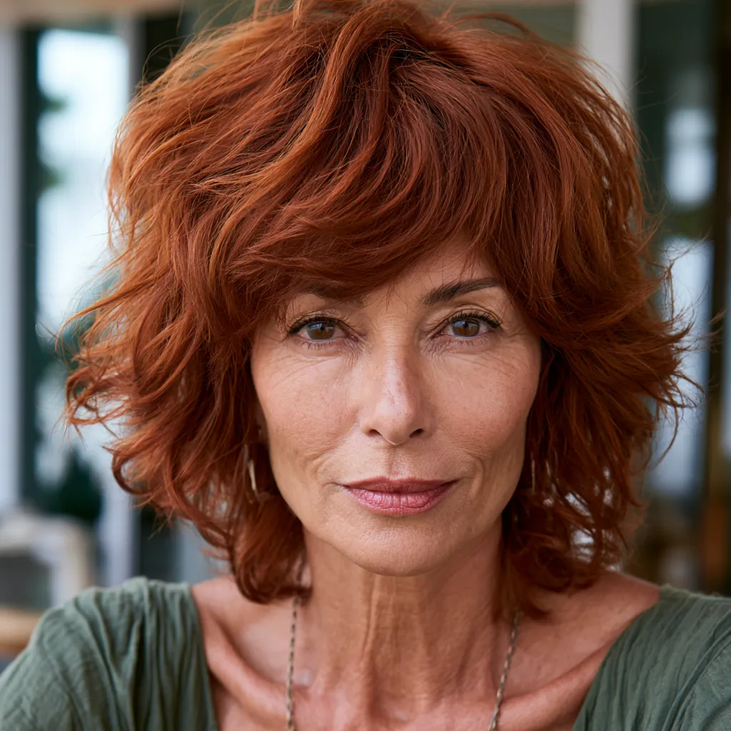 Volume-building shag cut older woman natural light