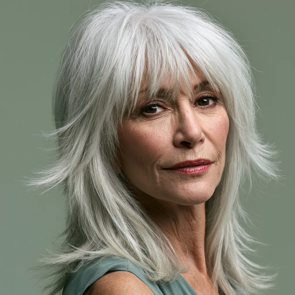 Disconnected shag layers with curtain bangs older women