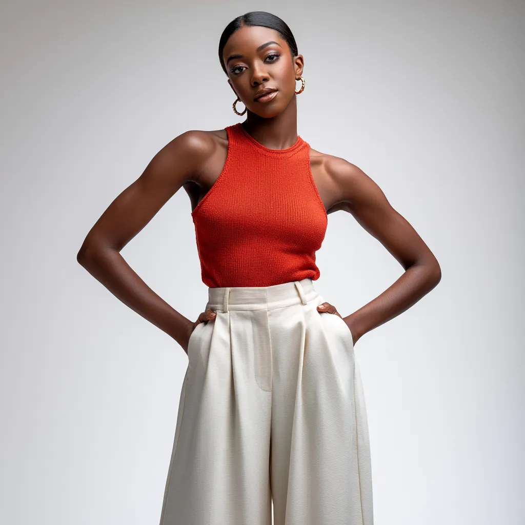 Loewe-inspired red tank neutral trousers street style