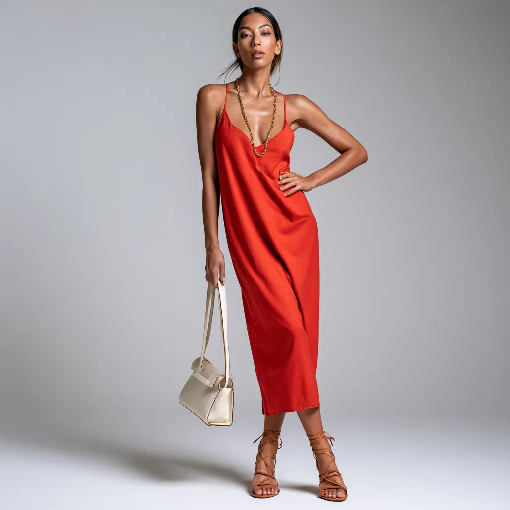 Spring 2026 red dress neutral accessories editorial pose