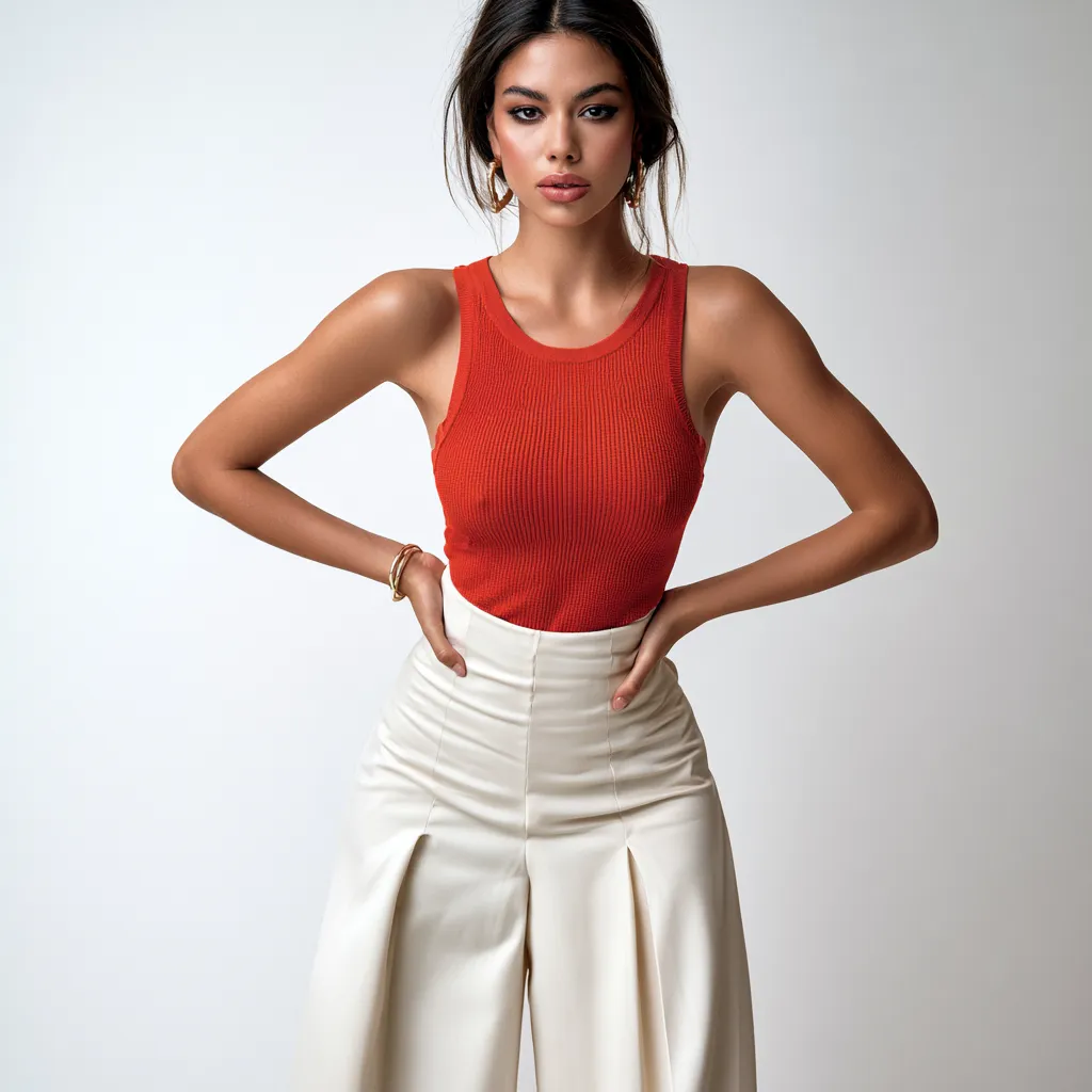 Saturated red knitwear against clean neutral base look