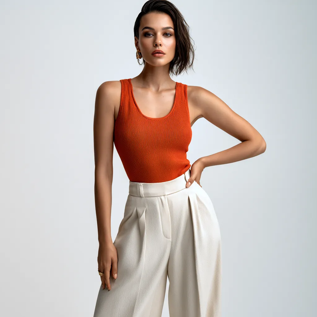 Tomato red knitted tank with cream wide-leg trousers