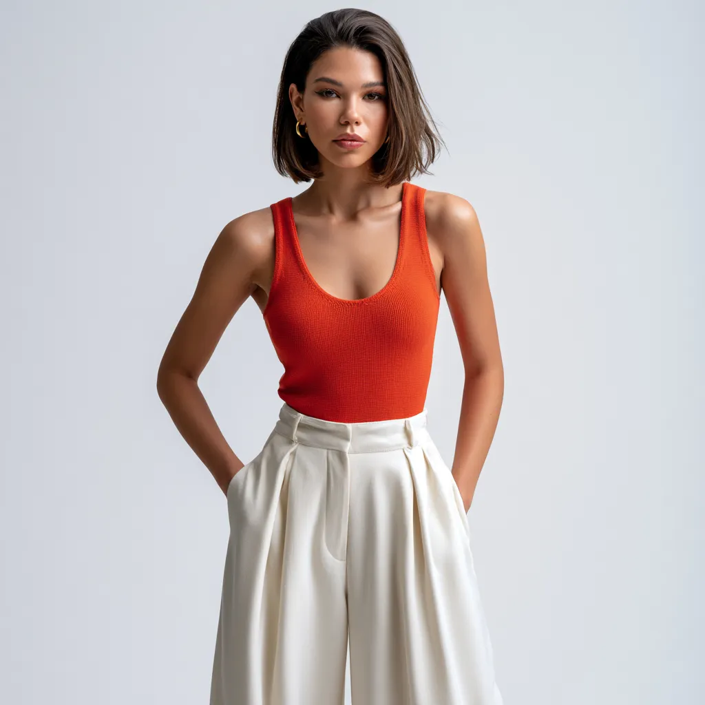 Warm orange-red fitted top spring 2026 outfit