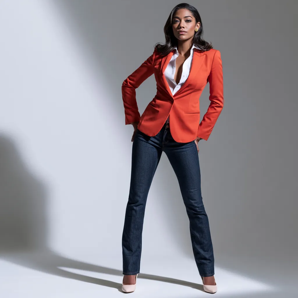 Structured red single-breasted jacket with neutral separates
