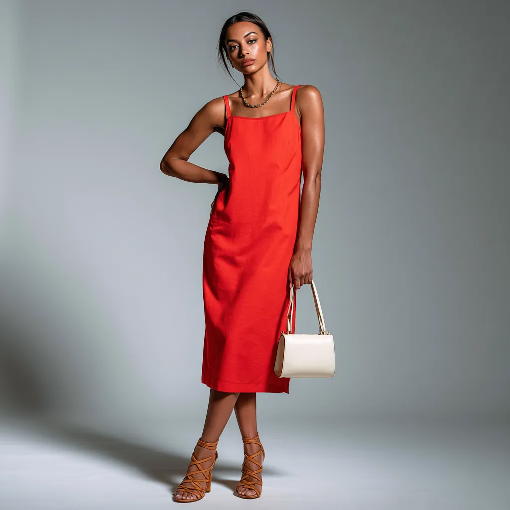 Red cotton dress ivory bag minimal jewelry look