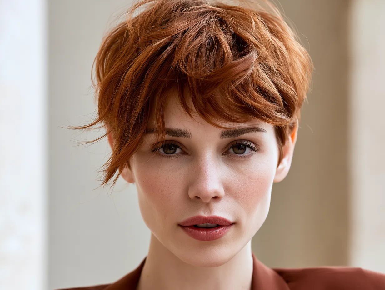 Short trixie hairstyle face-framing layers natural light