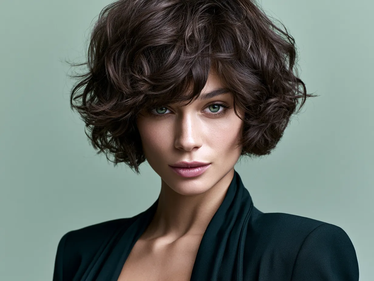 Celebrity-inspired trixie cut dark brown curly fringe