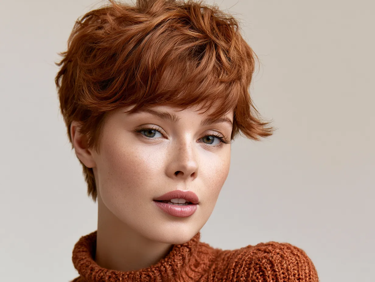 Cropped trixie haircut warm copper tone side view