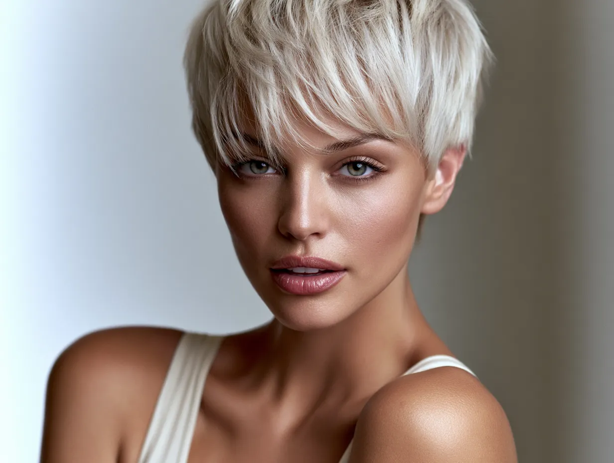 Short pixie bixie hybrid blonde hair studio light