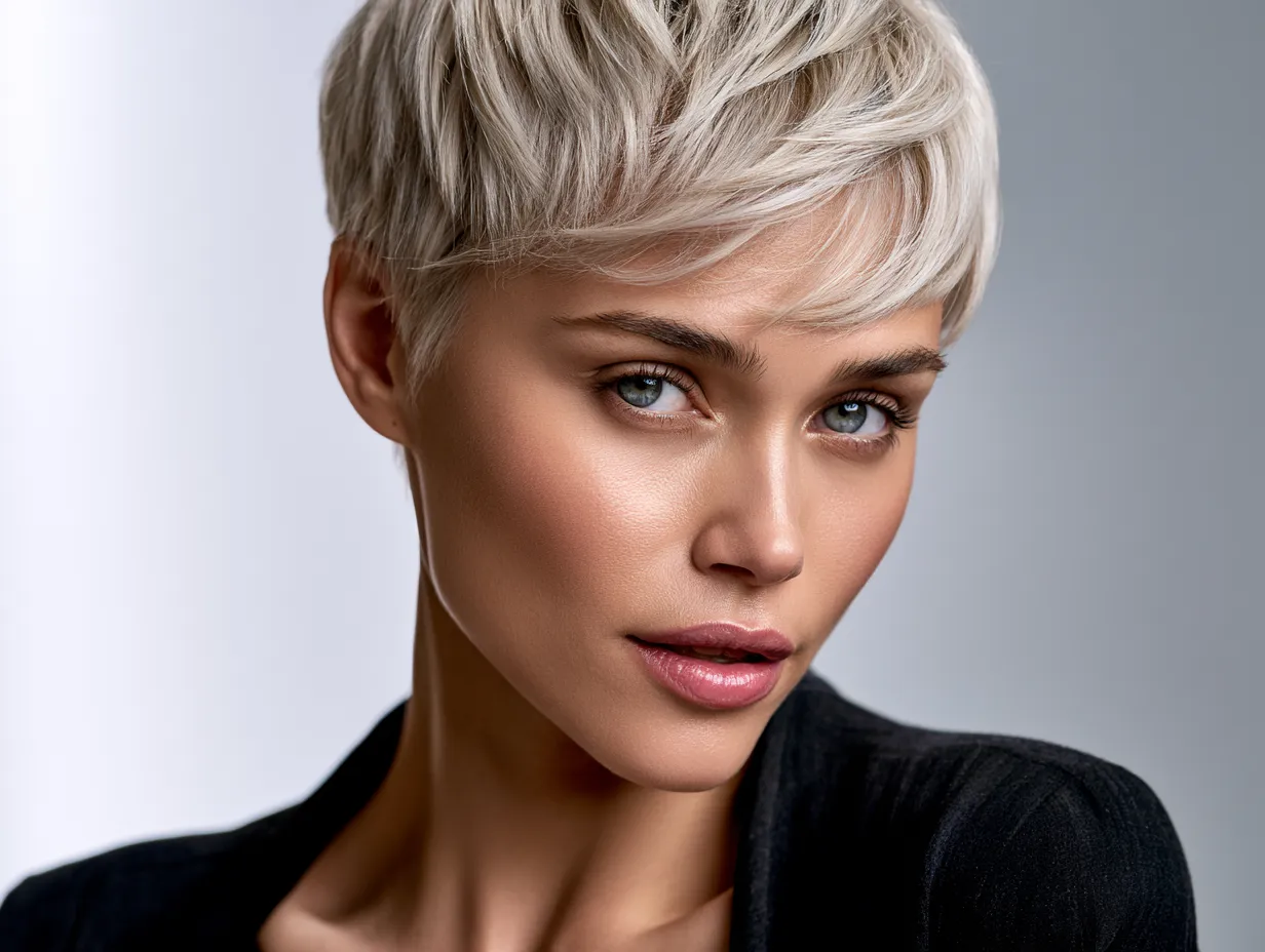 Trixie hairstyle wispy fringe close sides editorial look