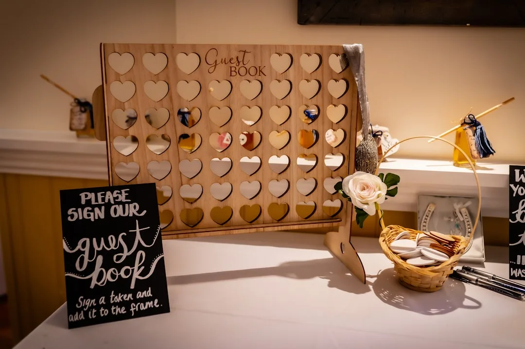 Guests participate in interactive wedding activities with personalized stations