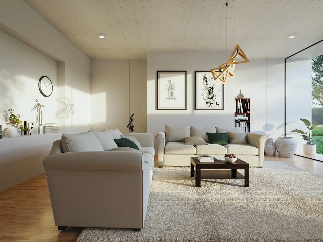 AI-generated interior design mockup showing modern living room layout with furniture placement