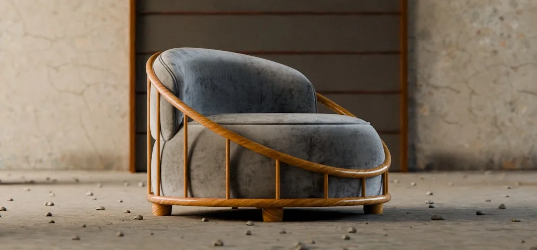 Curved accent chair and bed frame in minimalist bedroom setting
