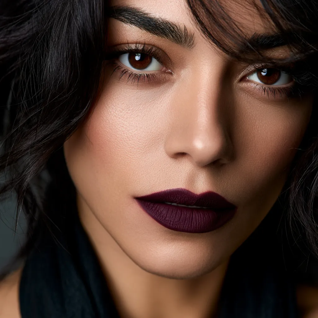 Dark jewel-tone lips close-up beauty portrait 2026