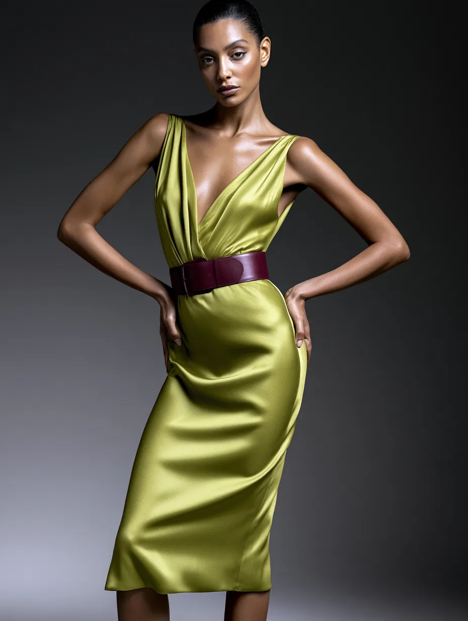 Model in yellow-green bias dress bold color editorial