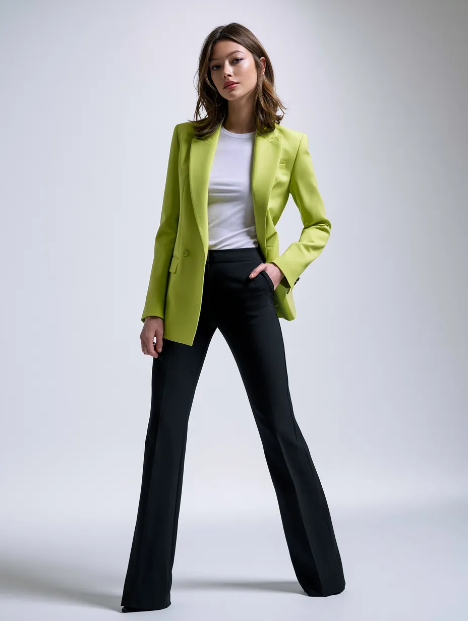 Chartreuse tailored blazer white tee editorial studio look