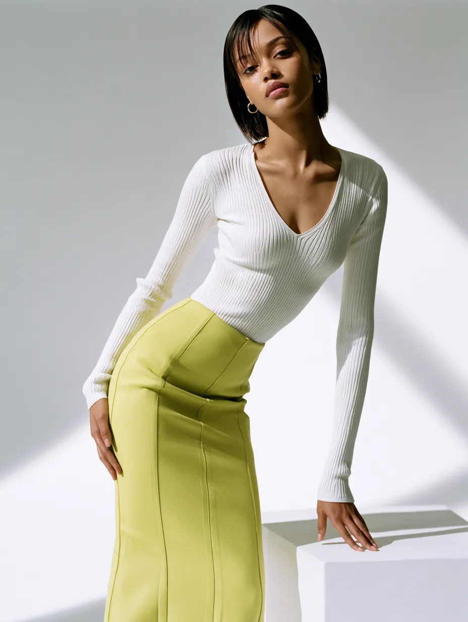 Wasabi green midi skirt white top spring 2026 editorial
