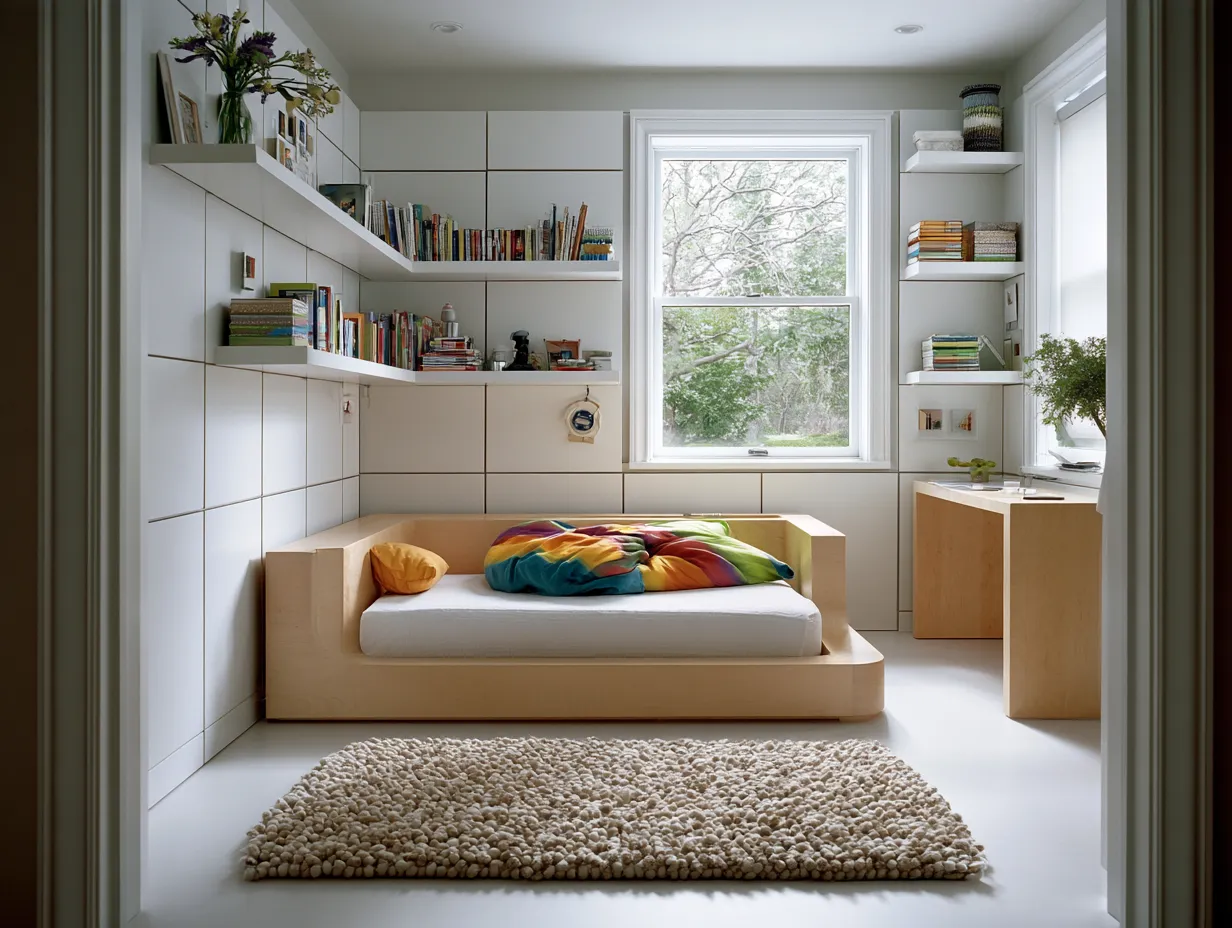 minimal kids bedroom with swappable decor and clean furniture