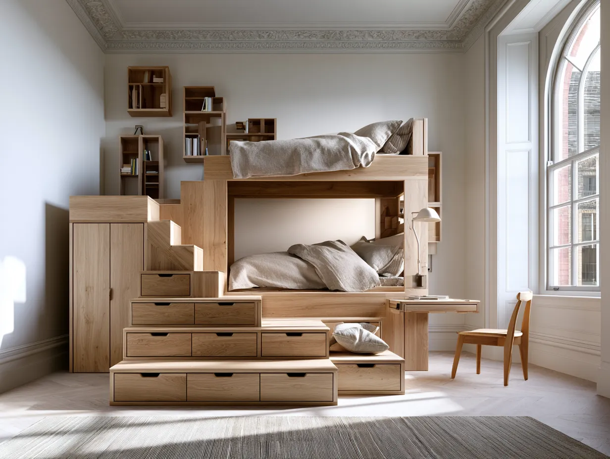 children's bedroom wall storage panels and integrated desk unit