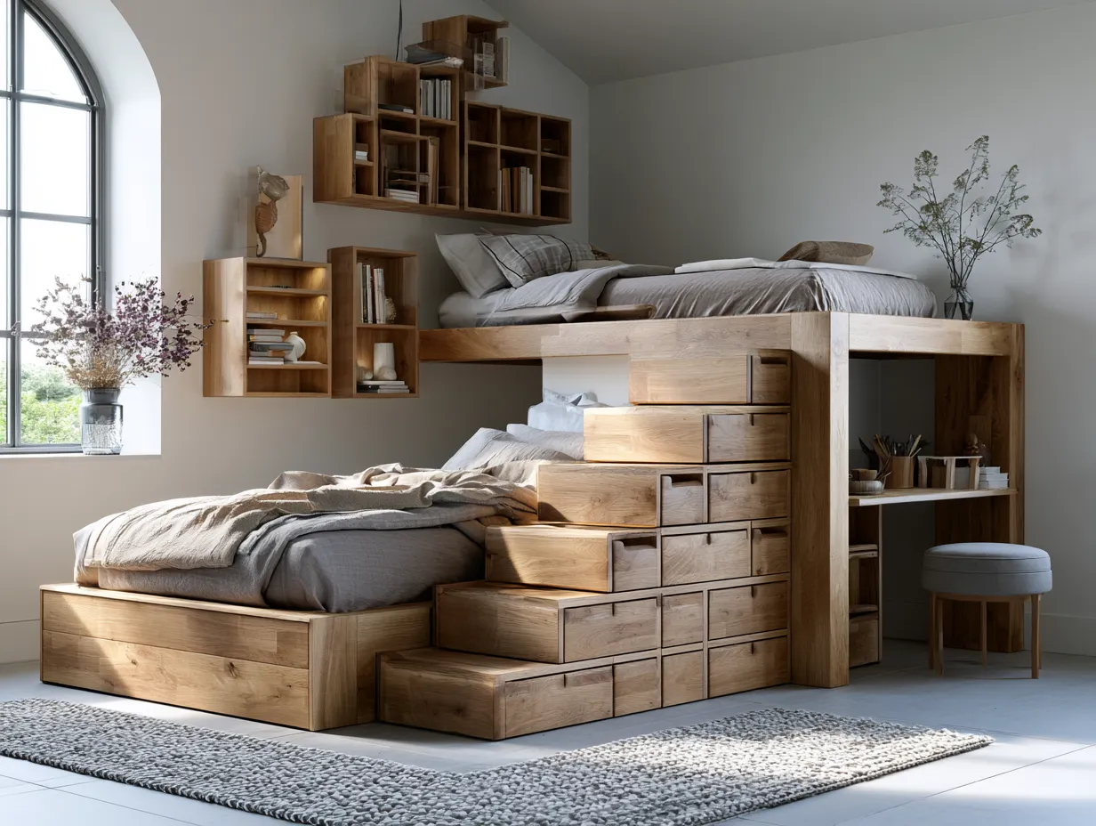 modular children's bunk bed with stair drawers and wall storage
