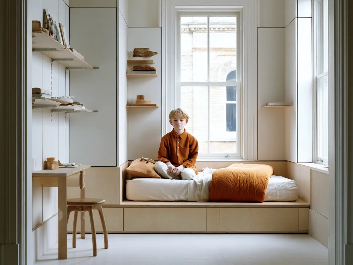 neutral children's bedroom with natural wood modular bed frame
