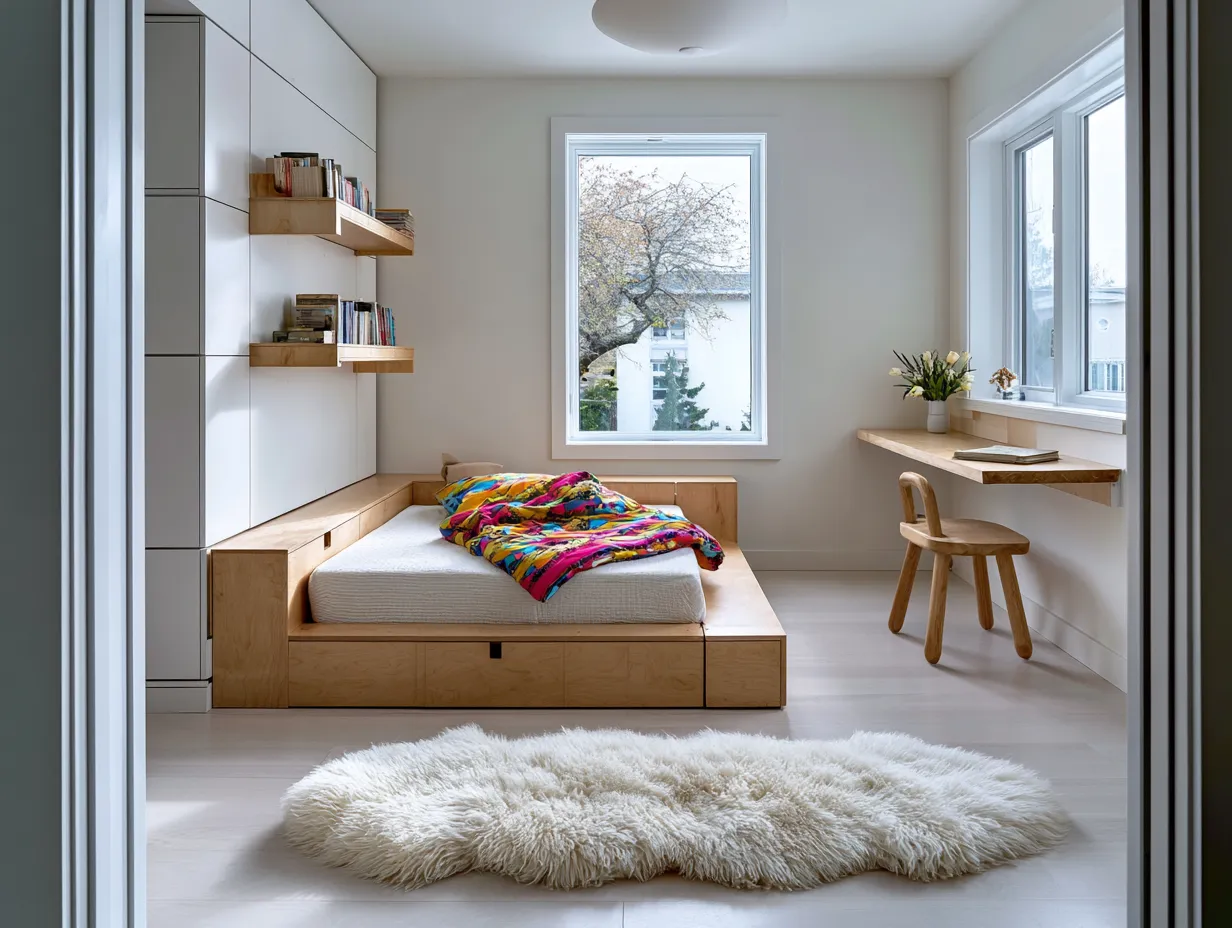 children's room with adjustable wall shelves and wood desk