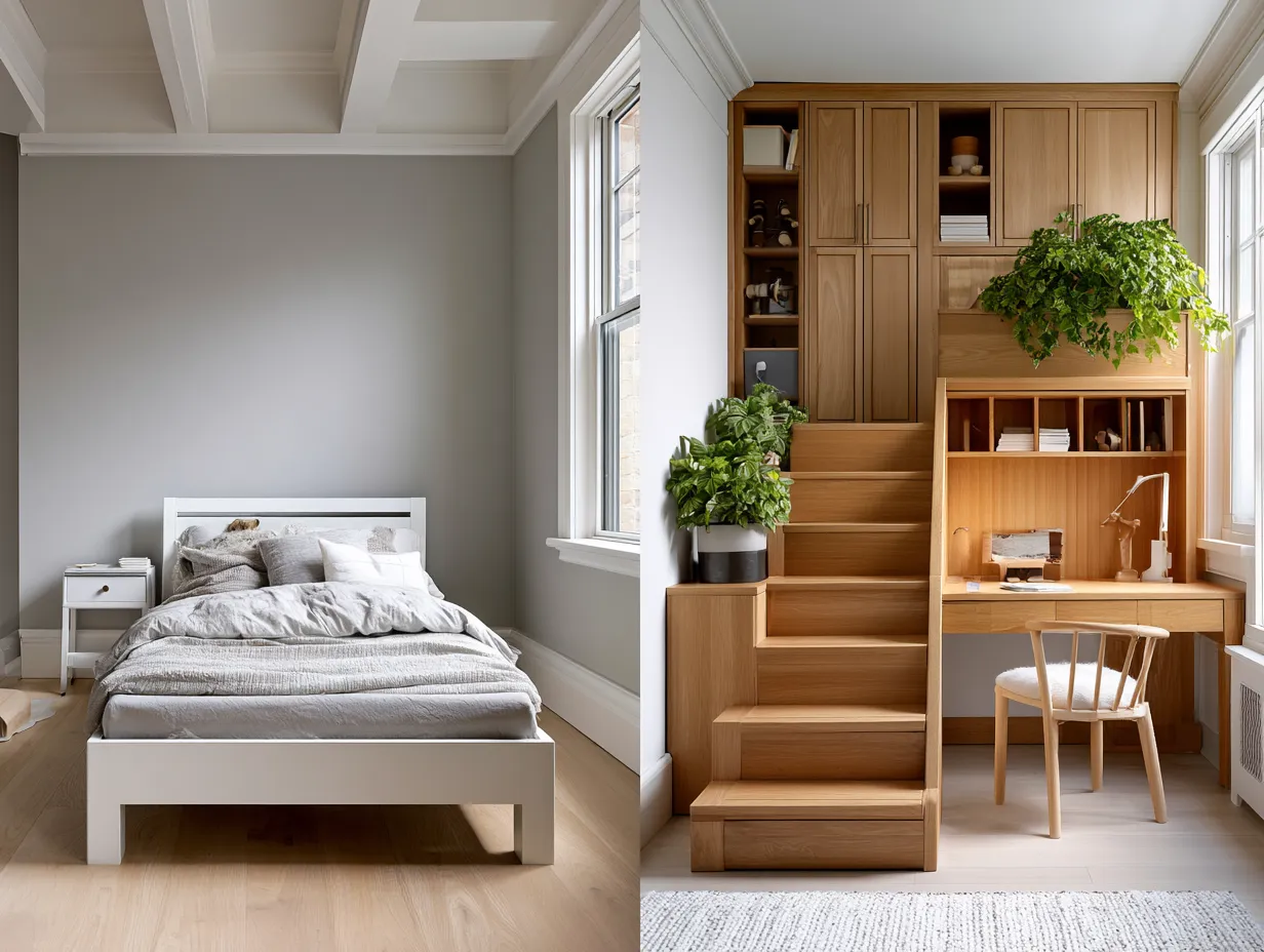 children's stair bunk bed with integrated wall storage panels