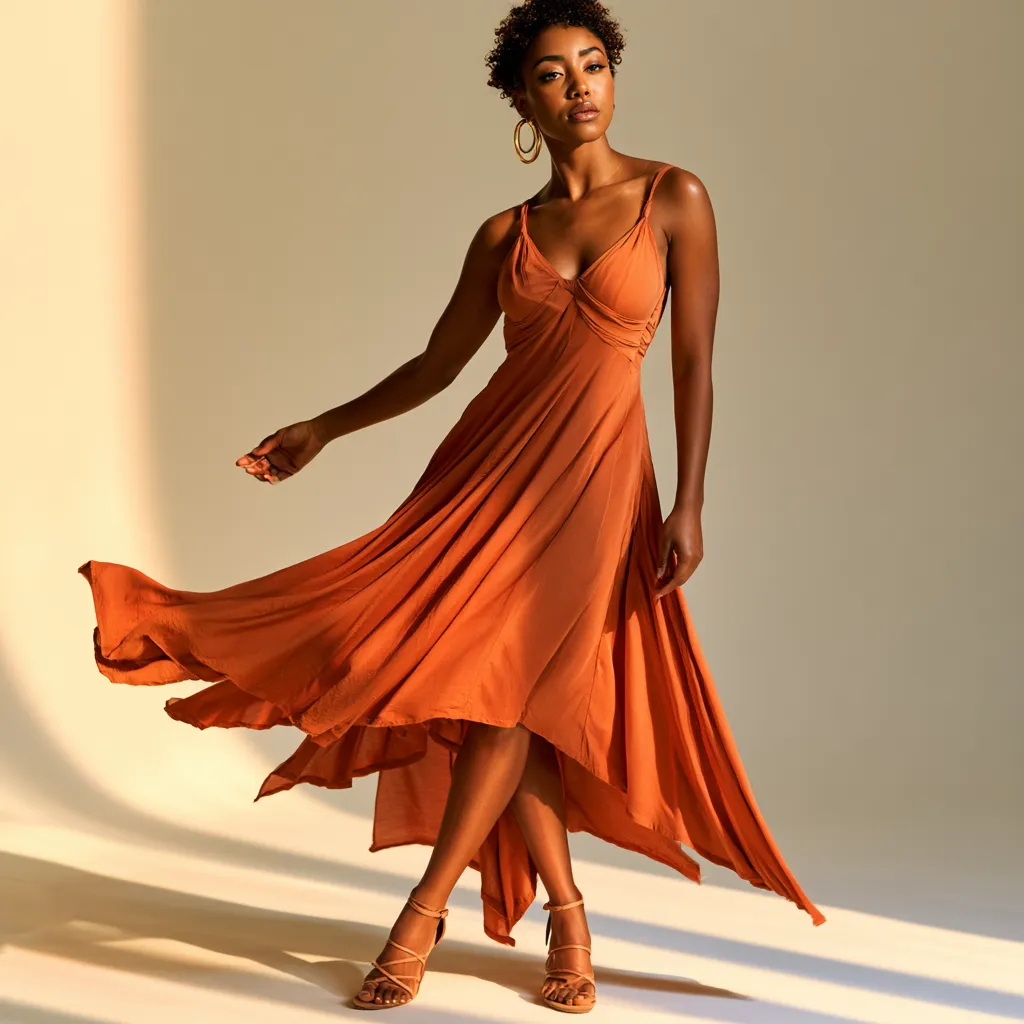 flowing godet insert dress off-kilter hemline standing pose