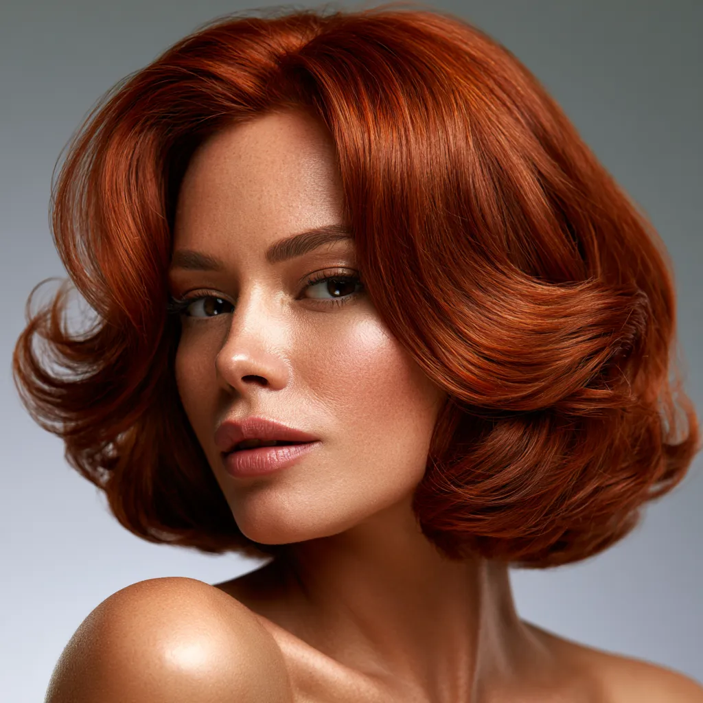 bouncy rounded layered haircut with warm studio light