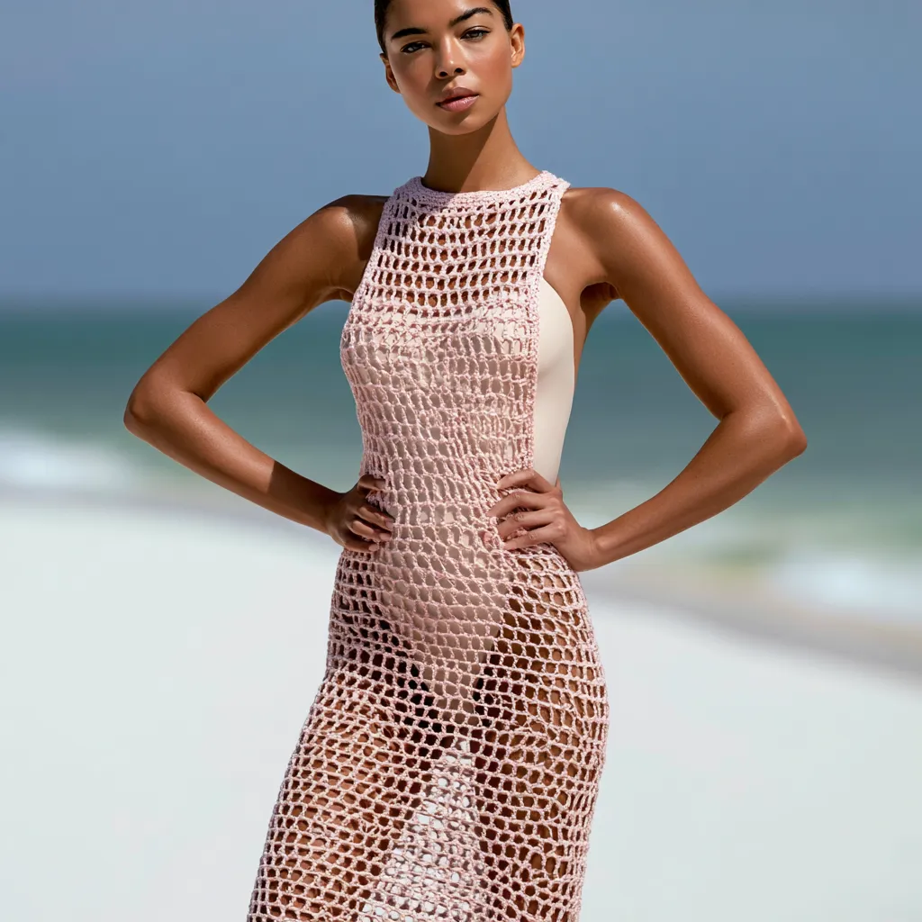 crochet resort dress worn over one-piece on white sand beach