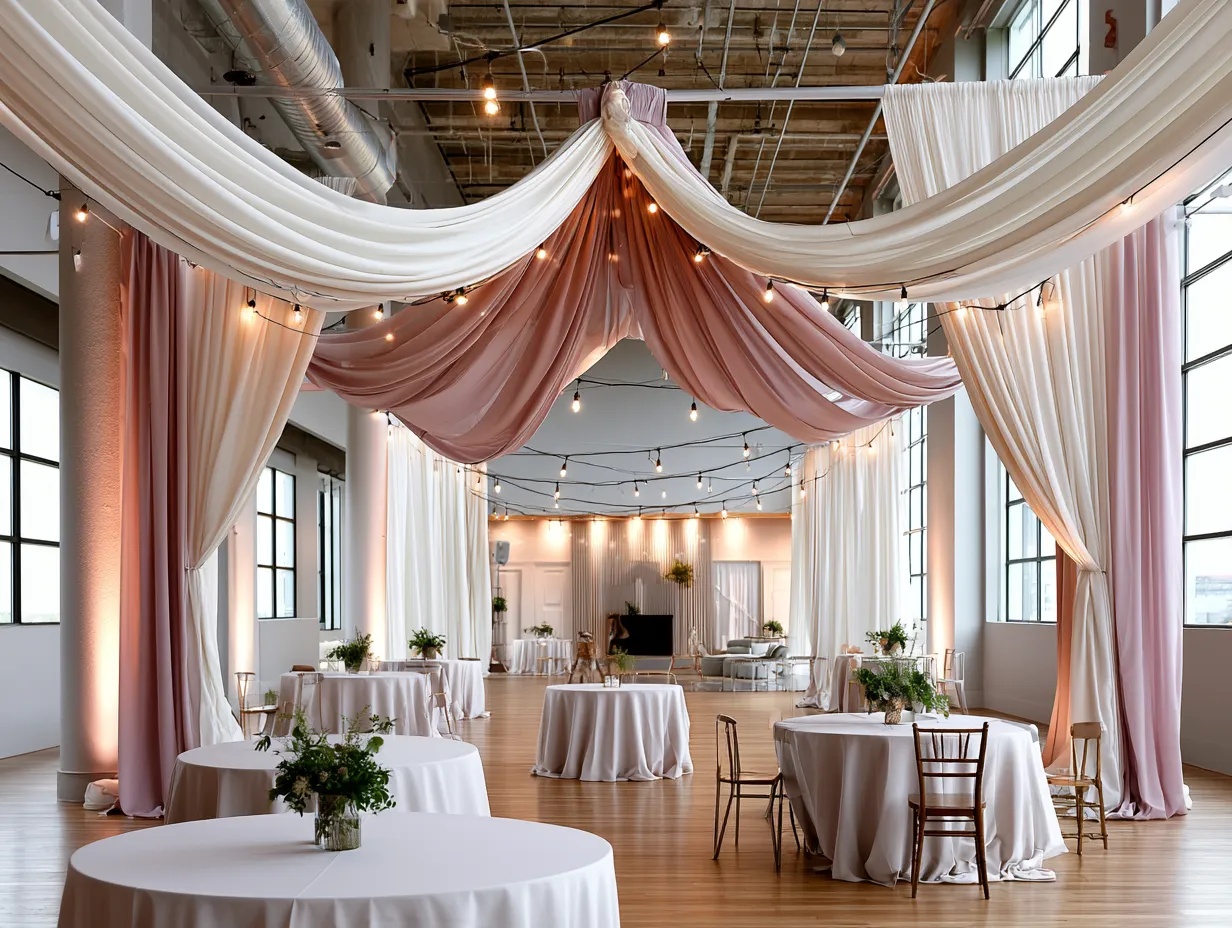 ceiling drapery installation at indoor wedding reception hall