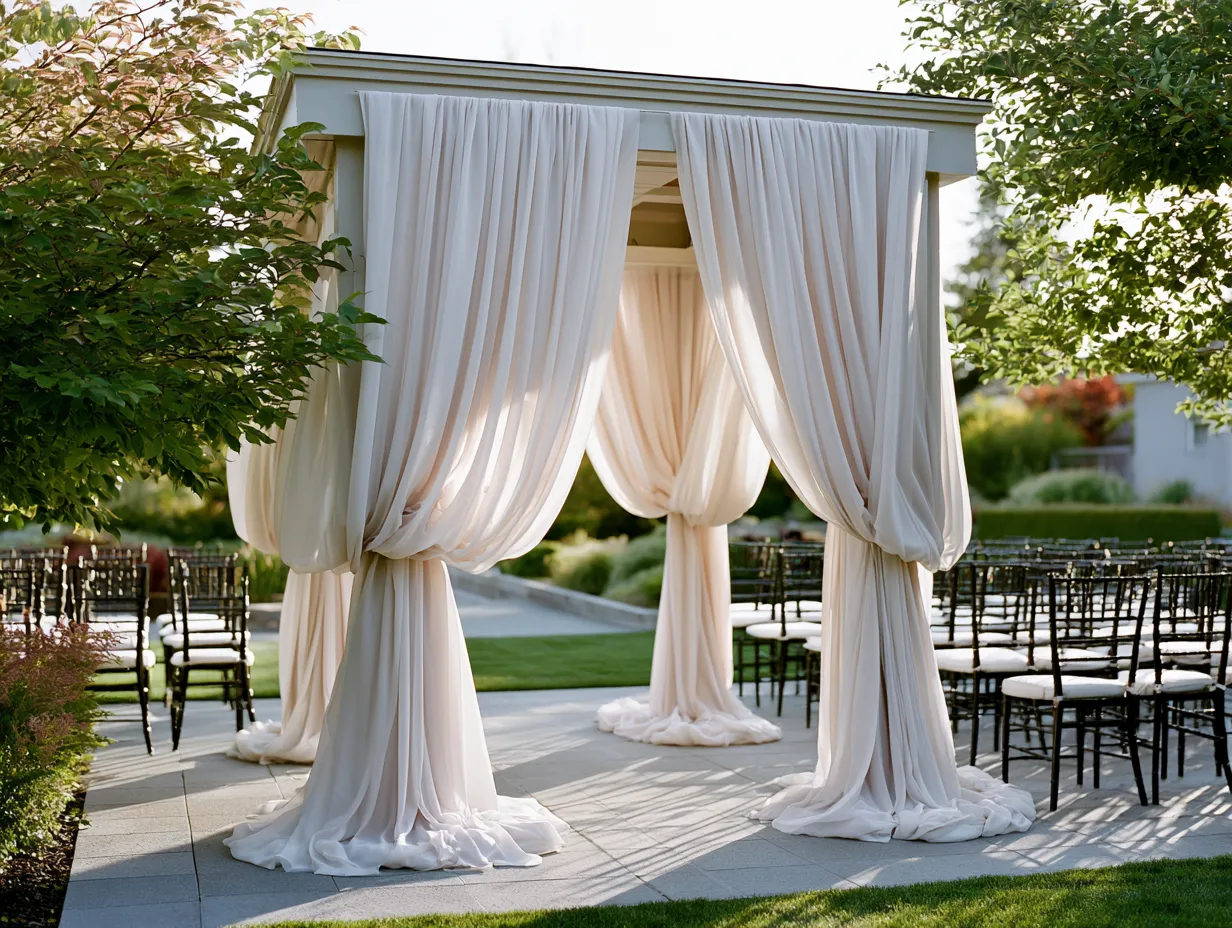 sage and champagne fabric backdrop at ceremony venue
