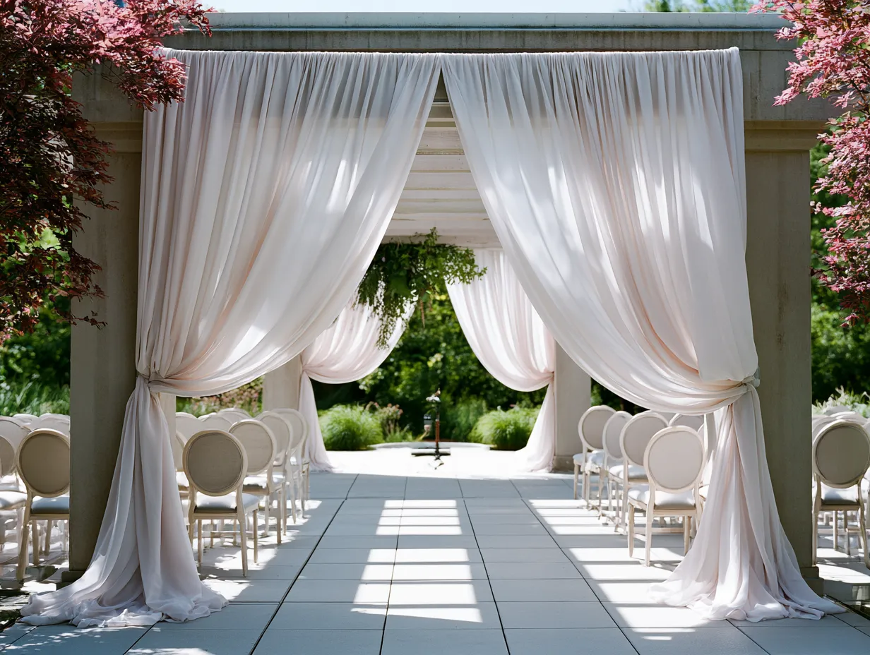 chiffon drapery backdrop at outdoor garden wedding ceremony