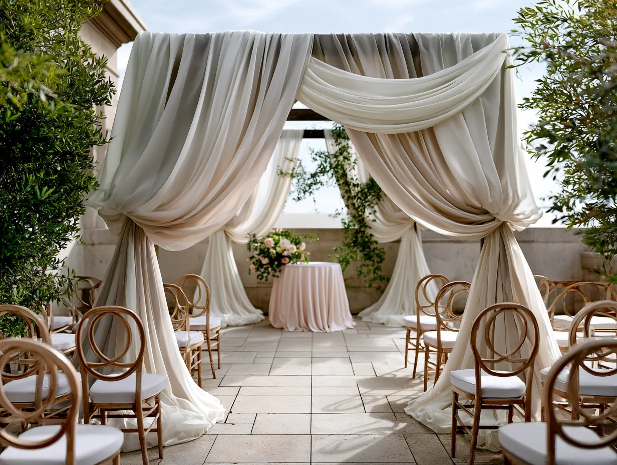 flowing fabric drapery backdrop at outdoor wedding ceremony