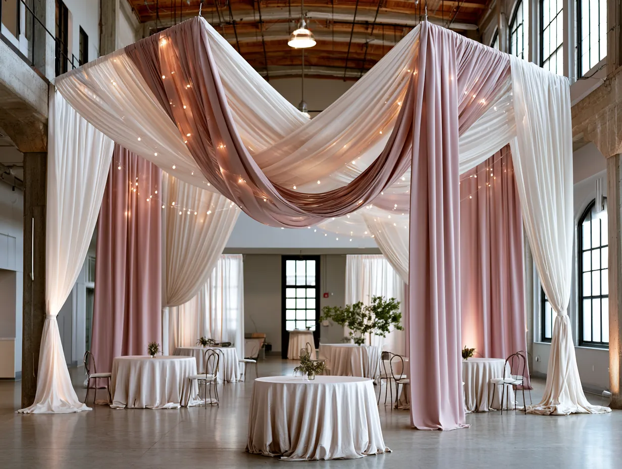 floor to ceiling fabric panels at wedding venue interior