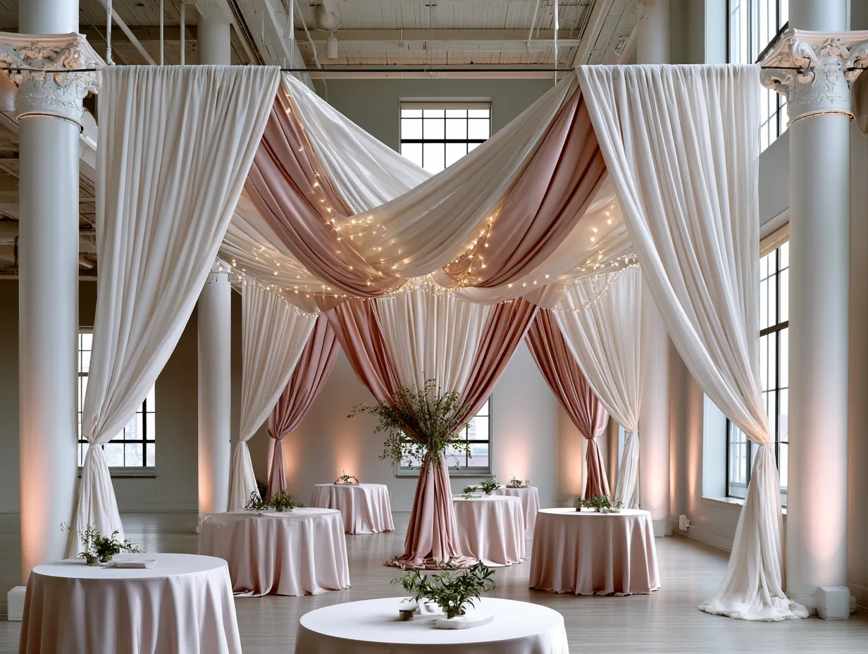 dusty rose drapes suspended from wedding venue ceiling rigging