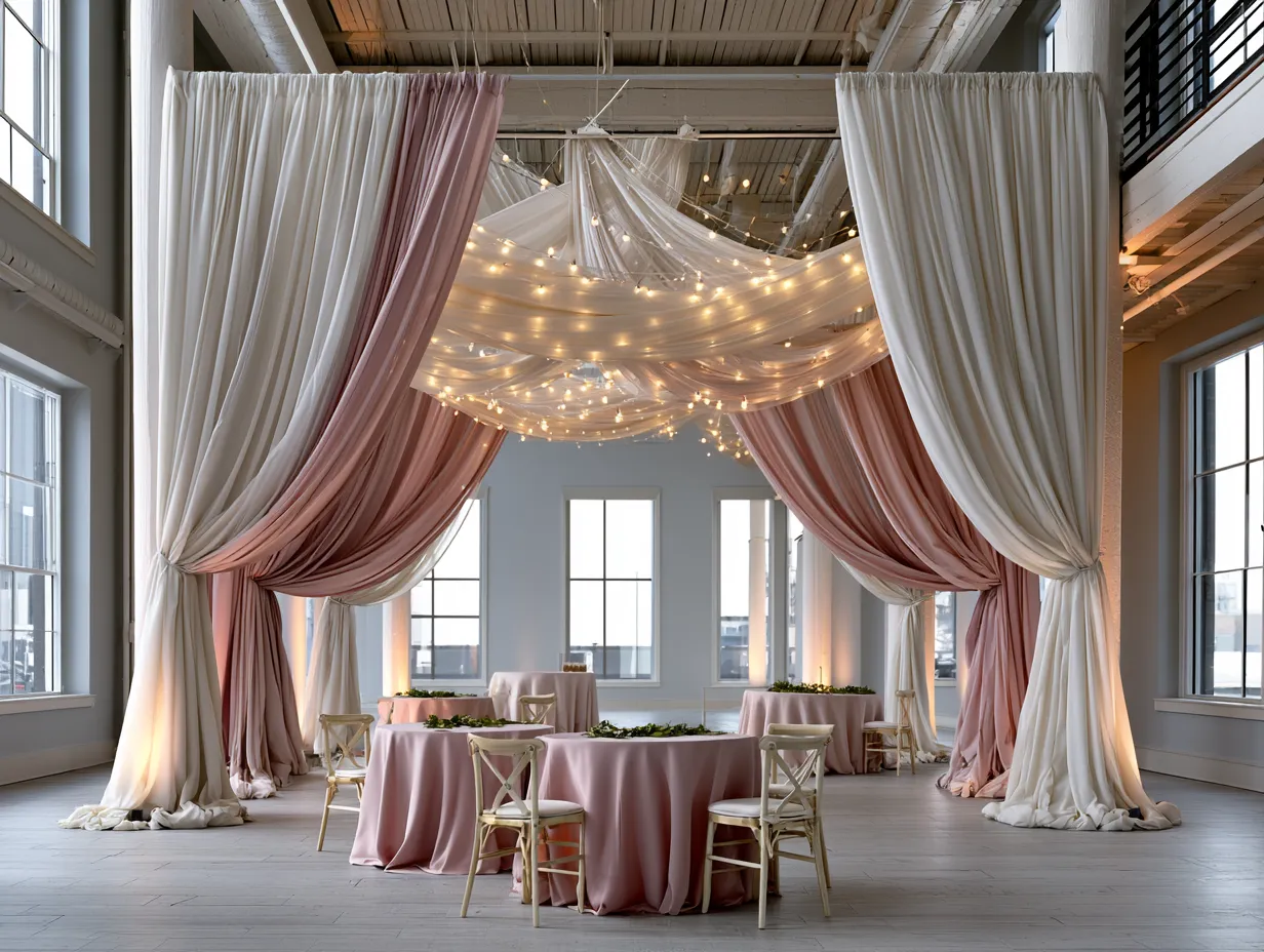 wide shot of draped fabric canopy over wedding tables