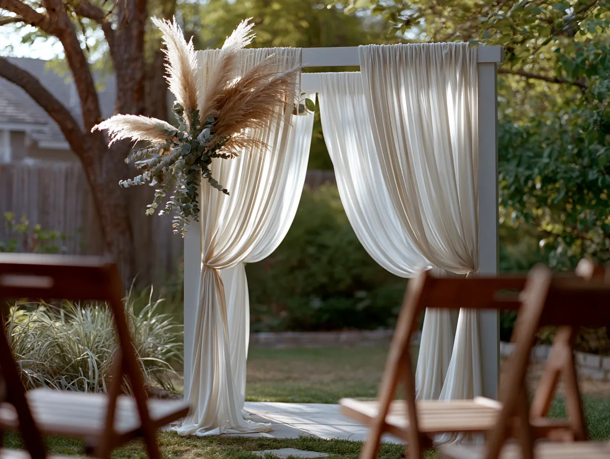 ivory fabric arch with eucalyptus details at garden ceremony