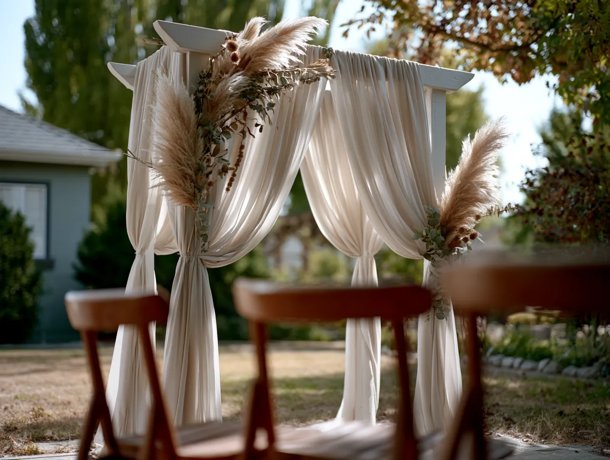 budget drapery backdrop installation at sunlit outdoor wedding
