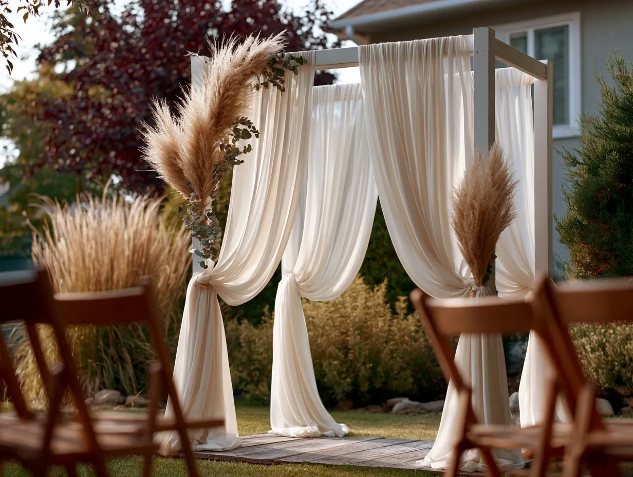 DIY chiffon arch backdrop at backyard wedding ceremony