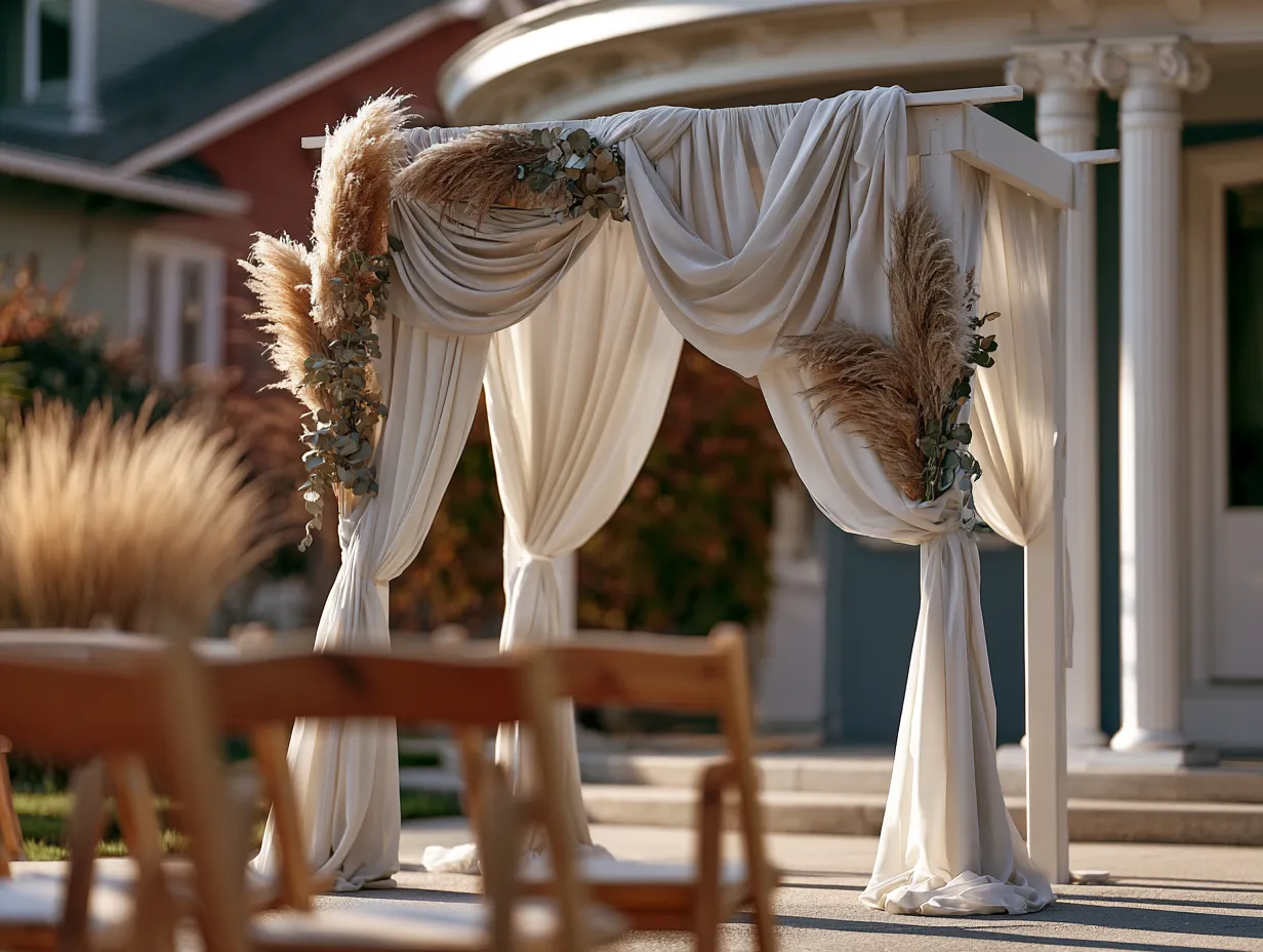 handmade drapery backdrop with pampas grass at outdoor wedding